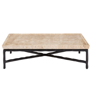 Boyles Travertine Tray with Unique Pitting and Forged Iron Base - Modern Natural Home Accent