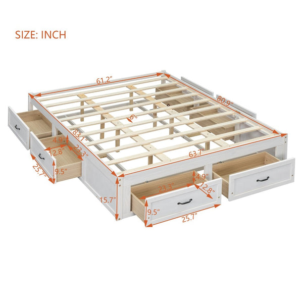 English Elm Queen Platform Bed with Six Storage Drawers Low Profile Frame for Modern Bedrooms Antique White N708P263022K-1