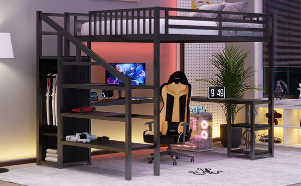 English Elm Metal Queen Loft Bed with Wardrobe, LED Light, L-Shaped Desk and USB Ports for Space-Saving Rooms Black 65.75 L x 17.52 W x 6.3 H W2593S00043