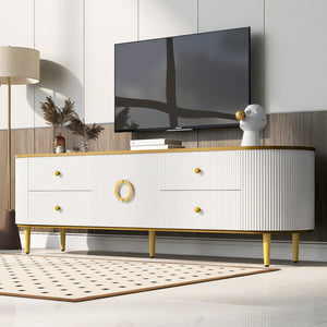 English Elm VIBE Curved Modern TV Stand for up to 80" TVs — 4 Drawers, Cabinet, Gold Trim & Metal Cone Legs SJ000133AAK
