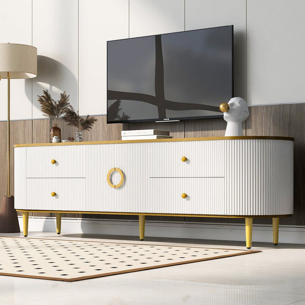 English Elm VIBE Curved Modern TV Stand for up to 80" TVs — 4 Drawers, Cabinet, Gold Trim & Metal Cone Legs SJ000133AAK