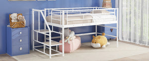 English Elm Mid Mid Loft Bed with Storage Stairs Twin Safety Ladder Low 26.6" Slats Sturdy Metal Frame White MF323325AAK