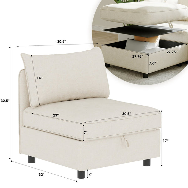 English Elm Armless Modular Sofa Seat with Hidden Storage and Pocket Springs, Flexible Chenille Sectional Solution Beige W680P195856