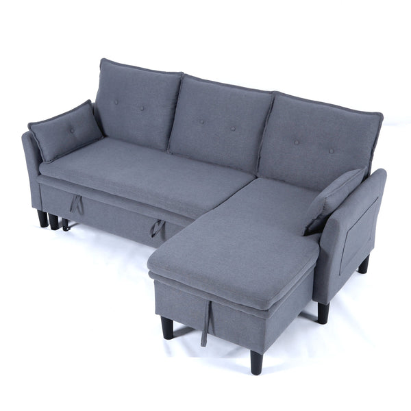 English Elm L-Shaped Reversible Chaise Sectional Sofa with Storage and Fold-Out Bed Cotton-Linen Modern Design DARK GREY W3371S00025