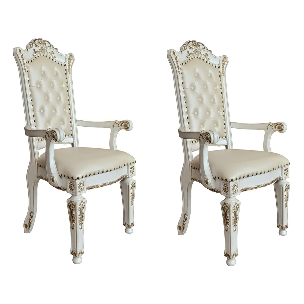 English Elm Beige Tufted Faux Leather Arm Chairs Set of 2 with Nailhead Trim, Floral Tapered Legs, Antique Pearl Finish B062P186459