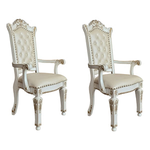 English Elm Beige Tufted Faux Leather Arm Chairs Set of 2 with Nailhead Trim, Floral Tapered Legs, Antique Pearl Finish B062P186459