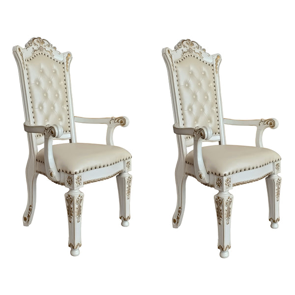 English Elm Beige Tufted Faux Leather Arm Chairs Set of 2 with Nailhead Trim, Floral Tapered Legs, Antique Pearl Finish B062P186459