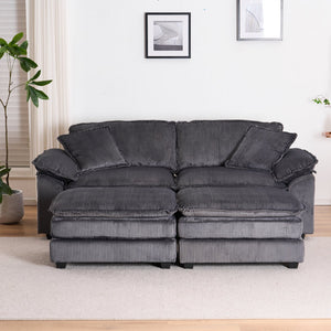 English Elm Corduroy Plush 2-Seat Sofa with 2 Back Cushions, Toss Pillows & Ottomans — Deep Seat Comfort Grey W2363S00064