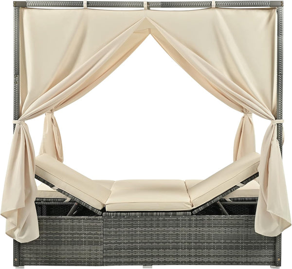 English Elm Wicker Adjustable Canopy Daybed with Curtains and Cushions, PE Rattan Steel Frame for Poolside Relaxation W349P271980