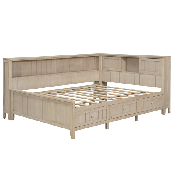 English Elm Full Full Size Wood Daybed with 3 Drawers & Shelves, Antique White Milk Finish — Storage, Charm, 400lb Capacity GX002214AAK