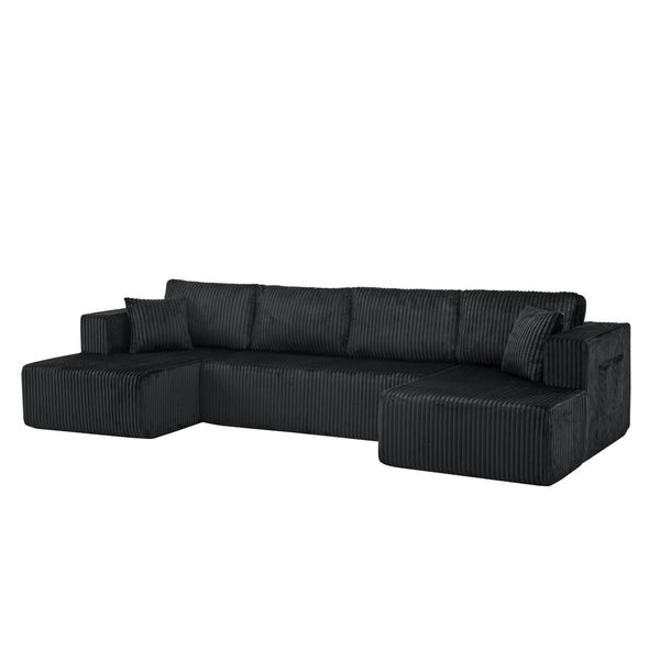 English Elm 132" U-shaped Modular Corduroy Sectional with Deep Foam Cushions for Living Room Black W5802S00001