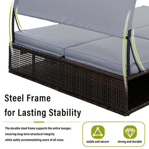 English Elm U_style Outdoor Double Sun Lounger Hdpe Wicker Steel Frame with Canopy Pop up Tables Gray WY000485AAE