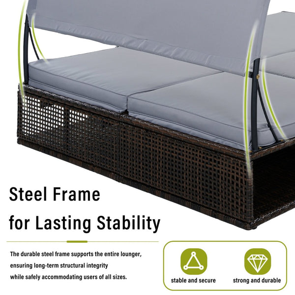 English Elm U_style Outdoor Double Sun Lounger Hdpe Wicker Steel Frame with Canopy Pop up Tables Gray WY000485AAE