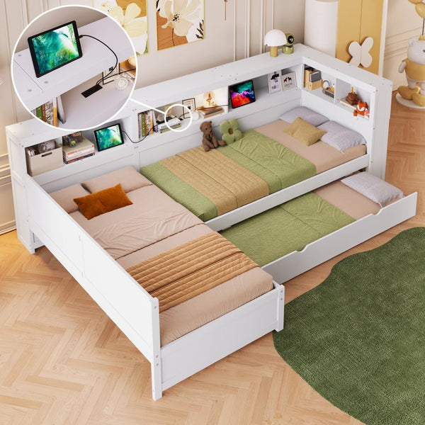 English Elm Wood Twin L-shaped Platform Bed Trundle Shelves Charging Station Kids Room White N7090001045K-1