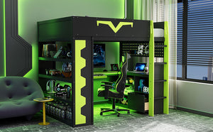 English Elm Full Size Gaming Loft Bed with Desk Rgb Lighting Power Outlet and Storage Drawer Green LT000285AAF