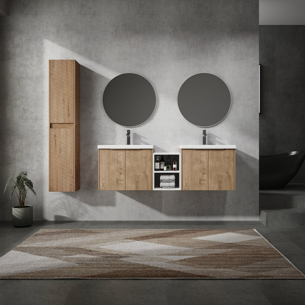 English Elm 60" Wall-Mounted Bathroom Vanity Set With Soft Close Doors, Resin Sinks & Organized Side Cabinets W999S00231