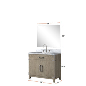 English Elm Grey Oak Single Bath Vanity Set With Carrara Marble Top, Chrome Faucet & 34” Mirror For Chic Bathrooms B2731S02011