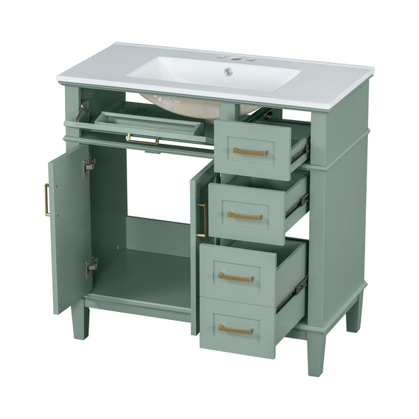 English Elm 36" Green Modern Bathroom Vanity with Ceramic Sink, 4 Soft-Close Drawers & Doors, Solid Wood Build N729P253935F