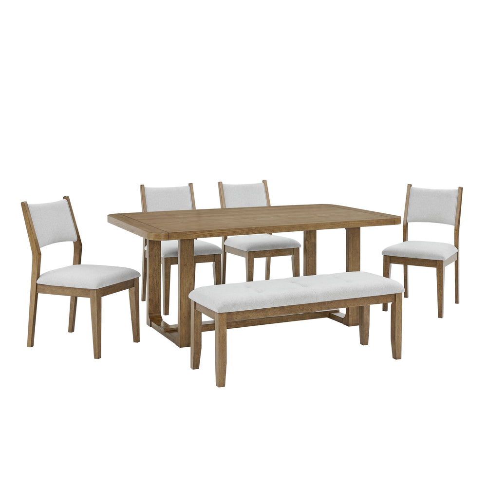 English Elm Darla 6-Piece 72" Walnut Oak Rectangular Dining Set with Sled Base, Padded Chairs & Bench B061S00909