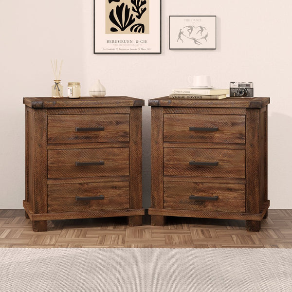 English Elm Rustic Reclaimed Pine Three-Drawer Nightstand Set of 2 – Solid Farmhouse Wood, 66lb Glides, Bronze Handles BS531408AAD