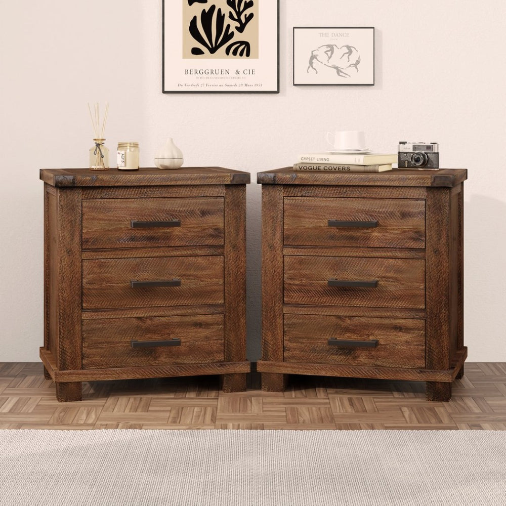 English Elm Rustic Reclaimed Pine 3-drawer Nightstand Set Farmhouse Bedroom Antique Finish BS701P455591D