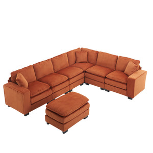 English Elm Modern U Shaped 6-Seat Sectional Sofa with Ottoman and 3 Toss Pillows, Corduroy Modular Comfort and Durable Frame Orange W2363S00043