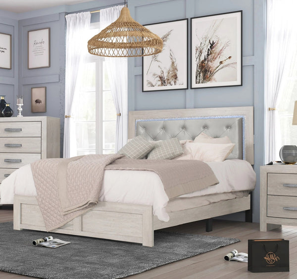 English Elm 1pc Modern Queen Panel Bed with LED Headboard, Faux Leather Upholstery, Button-Tufted Elegant Design Beige 82.3 L x 28 W x 10 H B011P244366