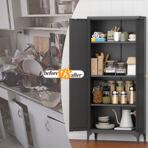 English Elm [metal Adjustable] Tall Steel Pantry Cabinet with Gold Handles and Four Shelves for Any Room Black T3625P366650