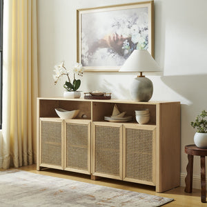 English Elm 63" Mid Century Modern Rattan Sideboard Buffet Cabinet with Adjustable Shelves, Durable Craftsmanship and Outlet Access for Living Room Storage and TV Console Natural W1801P371656