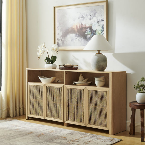 English Elm 63" Mid Century Modern Rattan Sideboard Buffet Cabinet with Adjustable Shelves, Durable Craftsmanship and Outlet Access for Living Room Storage and TV Console Natural W1801P371656