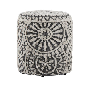 English Elm Wood Lidded Storage Ottoman Handwoven Wool Artisan Texture for Bohemian Living Spaces Black,Ivory B202P471518