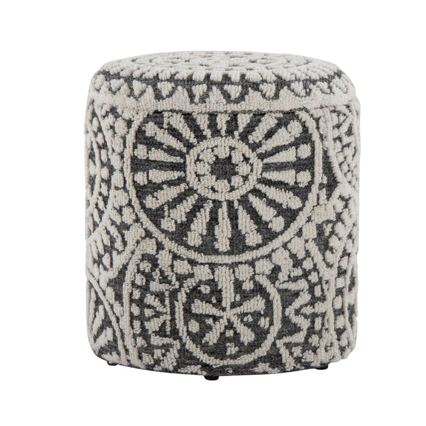 English Elm Wood Lidded Storage Ottoman Handwoven Wool Artisan Texture for Bohemian Living Spaces Black,Ivory B202P471518