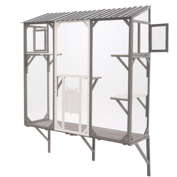 English Elm Outdoor Fir Wood Window Catio Enclosure with Four Climbing Platforms for Cats Grey,White N719P418371K
