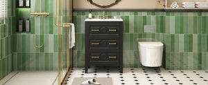 English Elm 24'' Bathroom Vanity with Ceramic Sink and 3 Drawers Retro Solid Wood Frame Freestanding Storage Black N710P371184B