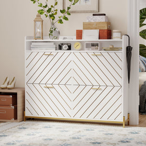 English Elm shoe cabinet Rustic Herringbone Flip-Drawer Organizer for Narrow Spaces, Dust-Proof Entryway Storage White W2227P207769
