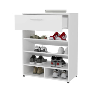 English Elm White Shoe Rack Modern 1-Drawer Organizer with Multiple Shelves Durable Particleboard Entryway Storage Solution 35.4"H 27.6"W 13.9"D B062P303911