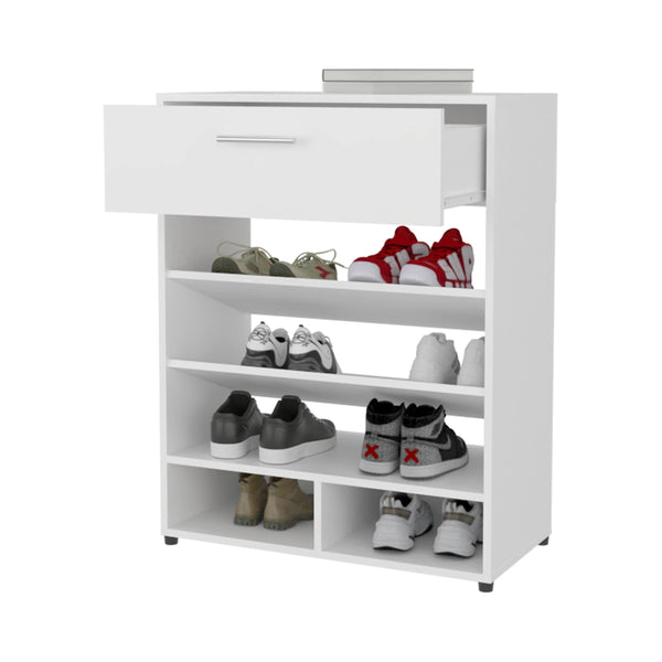 English Elm White Shoe Rack Modern 1-Drawer Organizer with Multiple Shelves Durable Particleboard Entryway Storage Solution 35.4"H 27.6"W 13.9"D B062P303911