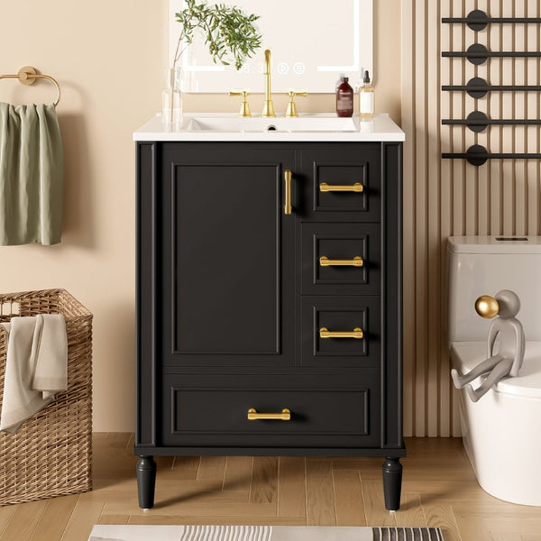 English Elm 24" Olive Bathroom Vanity Solid Wood Frame Ceramic Sink Gold Hardware Soft Close Black N729P373272B