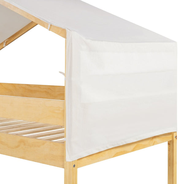 English Elm Twin Over Kids Bunk Bed with Tent Canopy Farmhouse Pinewood Playroom Frame Natural N708P248523M