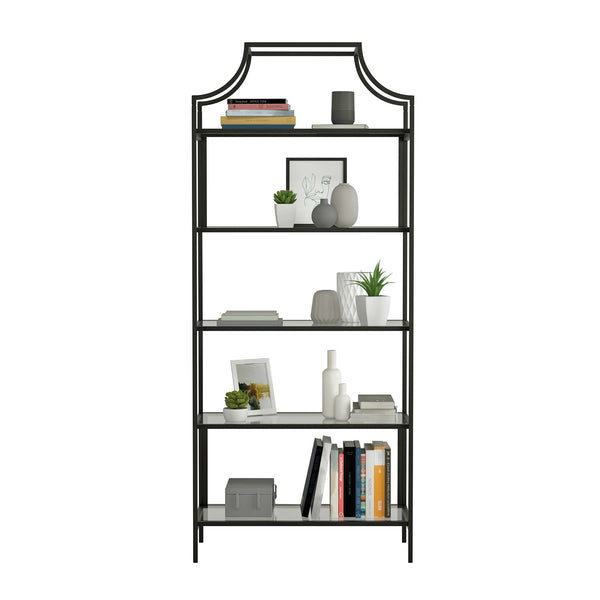 English Elm Bookcase, Sleek Black Engineered Wood With Glass Shelves - Modern Storage Solution For Any Space B356P402777