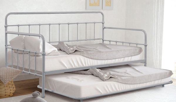English Elm Silver Sleek Metal Twin Daybed with Built-In Trundle | Contemporary Minimalist Black Frame, Mattress-Ready Silver 16 L x 78 W x 8 H B2741P364826