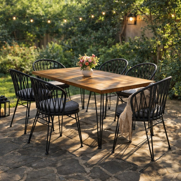English Elm 7 Piece Outdoor Dining Set Acacia Wood Table Pe Rattan Chairs Patio Backyard N762S000014AAE