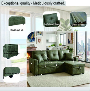 English Elm Sleeper Sectional Sofa with Pull Out Bed Storage Chaise Tufted Olive Fabric W5568S00036