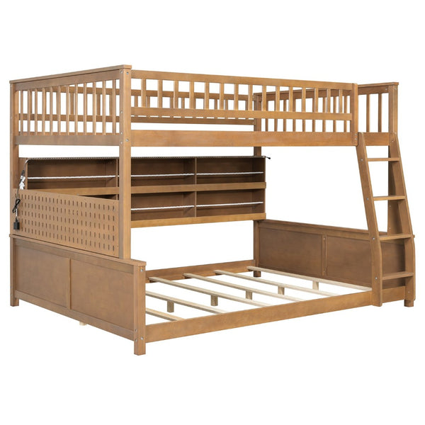 English Elm Full Xl Over Queen Bunk Bed Pinewood Frame with Led Lights Shelving Pegboard Brown LT000279AAP