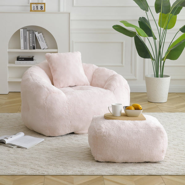 English Elm Giant Foam-Filled Bean Bag Chair with Footstool, Shell-Shaped Faux Fur Sofa for Gaming Reading уют Pink W2677P306794