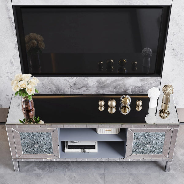 English Elm 60" Mirrored TV Stand with Crushed Diamond Doors, 64" Solid Wood Media Console w/ Open Shelves & Antique Silver Glam Storage W1445P301422