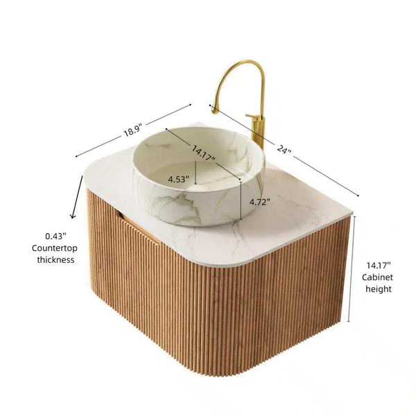 English Elm Dina Floating Bathroom Vanity with Sintered Stone Top and Crystal Glass Basin Carrara White,Natural Wood,Stone White W2615S00382