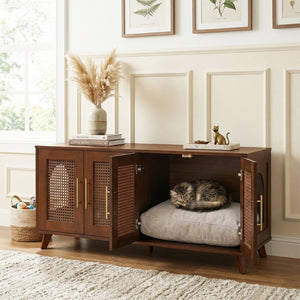English Elm Lars Rubberwood Rattan Dog Crate Cabinet Stylish Pet Kennel for Living Room Walnut N775P397559W