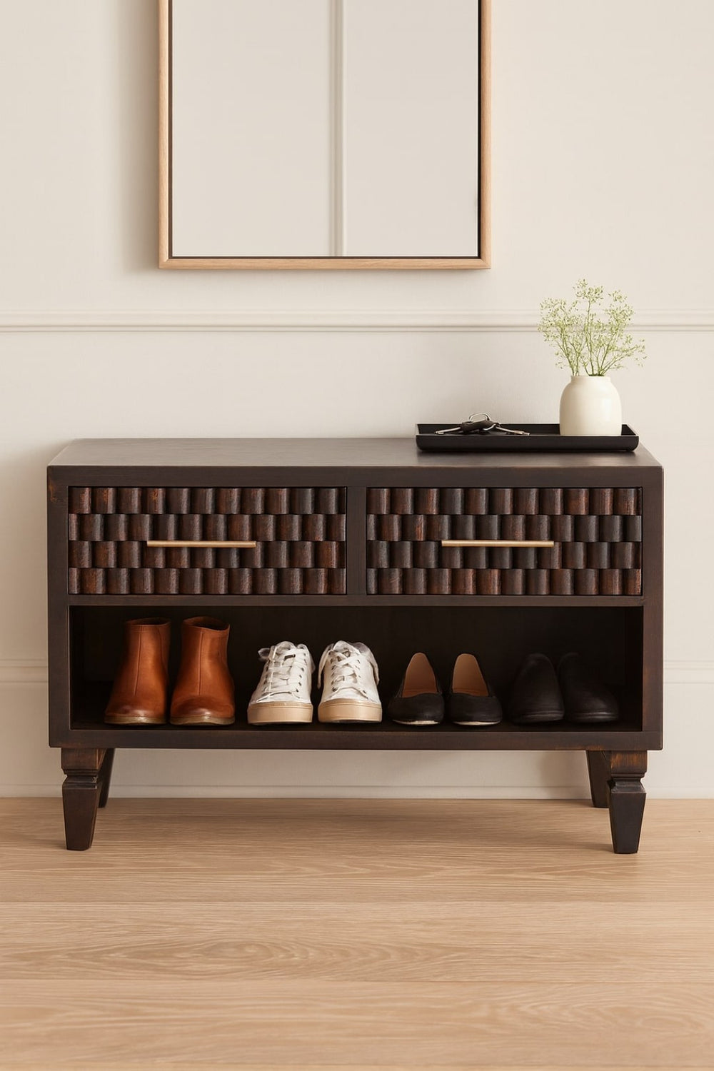 English Elm Solid Wood Arno Shoe Storage Unit - Handcrafted Mango Wood With 2 Drawers & 1 Open Shelf Design B182P372183-GIGA