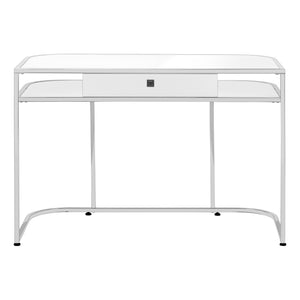 English Elm Computer Desk with Drawer & Shelves, 48" White Laminate, Chrome Legs, Glossy Modern Office Workstation B2710P219809